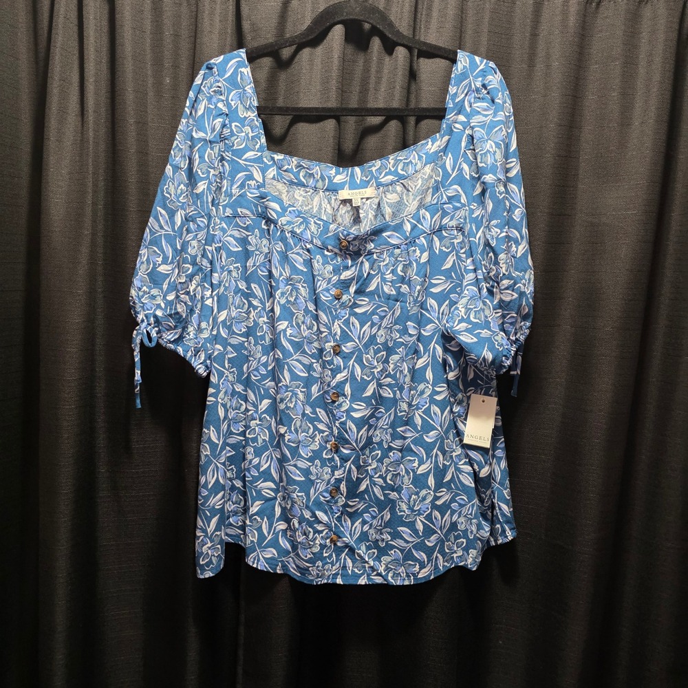 Angels Forever Young Women 3X Blue Floral Square Neck‎ Button Front Blouse Top